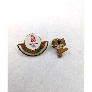 RARE Beijing 2008 Olympics Pin Set: Fuwa Mascot Yingying & Fan Logo Pin
